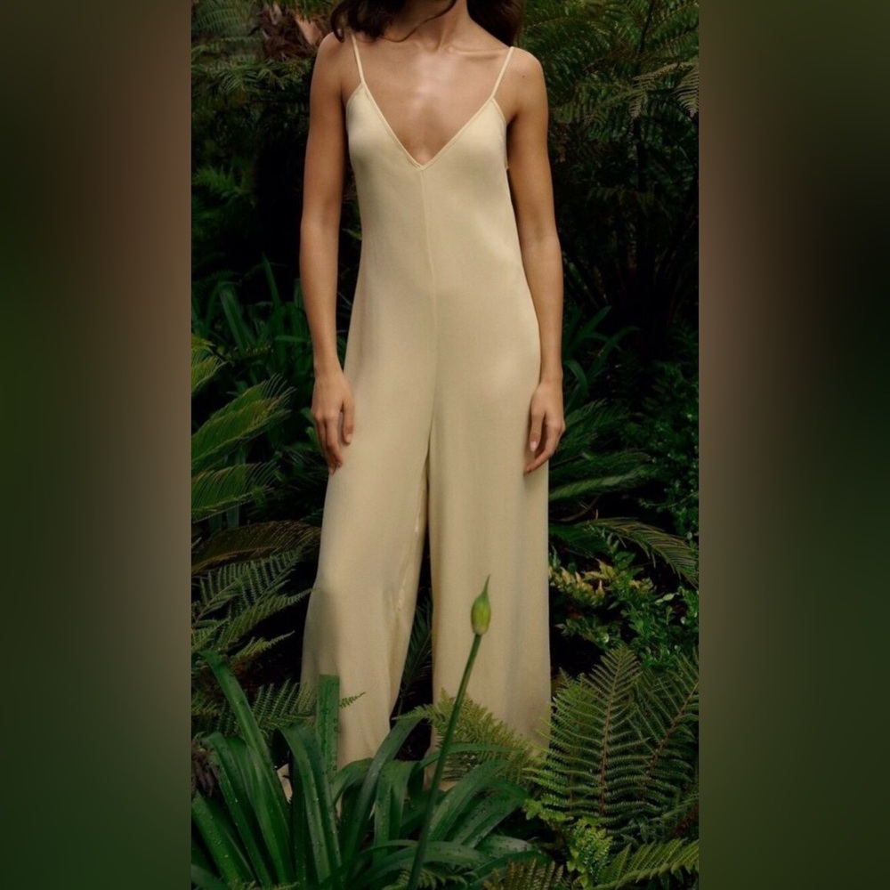 Zara Cream Jumpsuit with Spaghetti Straps and Wide-Leg Design